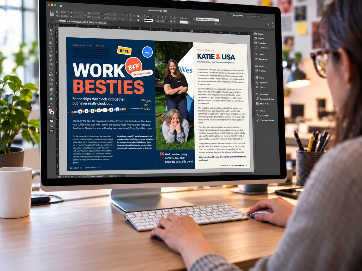 A designer laying out a Community Health magazine spread