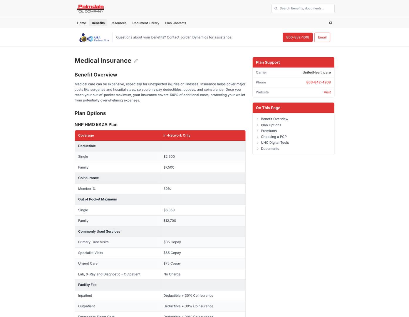 Benefit page with plan details and carrier contacts